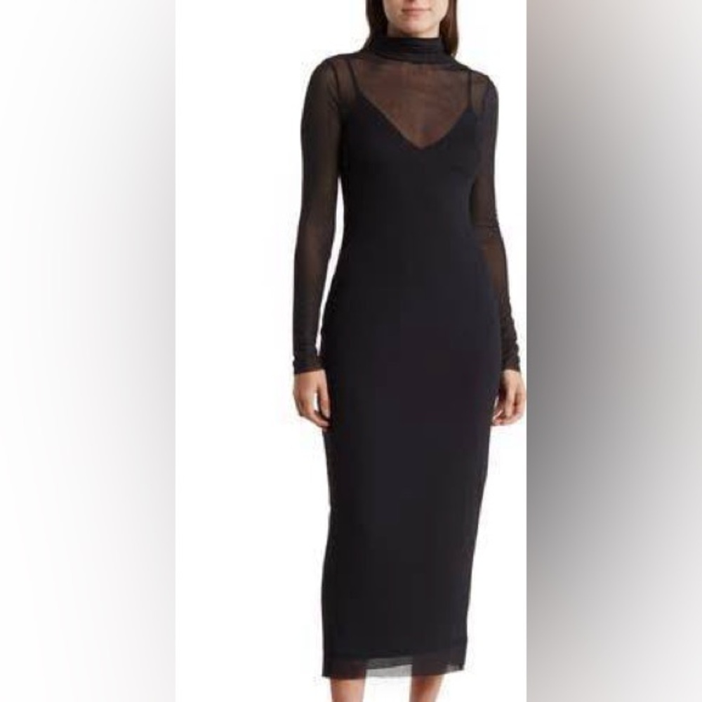 2pc AFRM Marni Black Sheer Mesh Turtleneck long sleeve with removable slip dress
